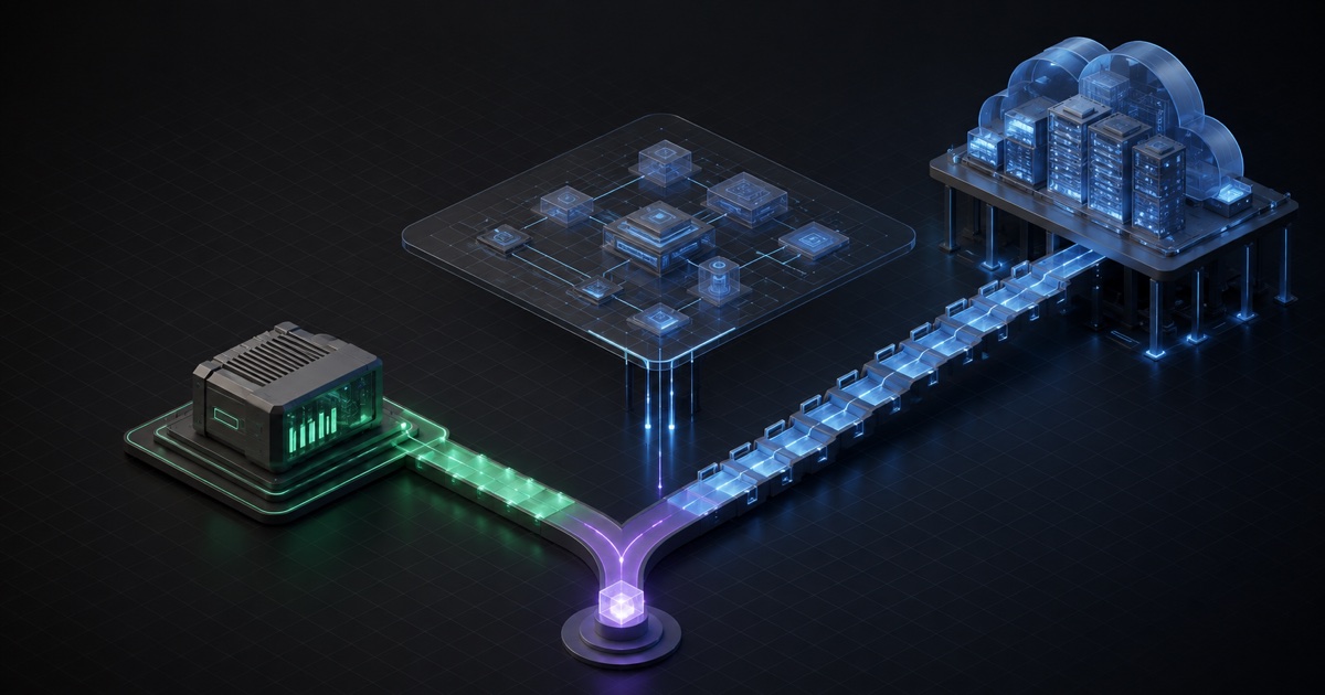 One AI request path branching between nearby edge compute and a distant cloud platform